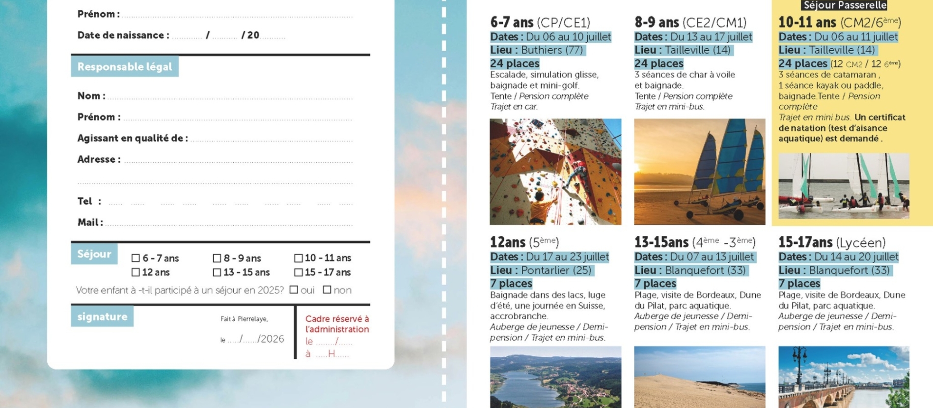 Coupon et planning des séjours été 2026 - 6 à 17 ans
