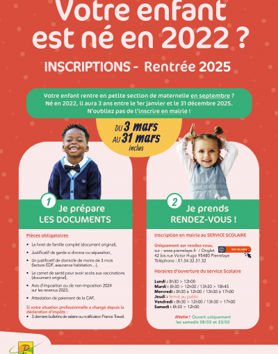 Inscriptions rentrée scolaire 2025 pour les enfants nés en 2022