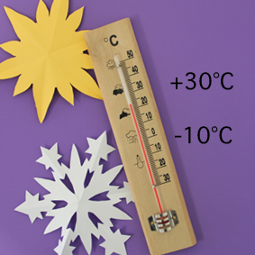 article: plan canicule et rand froid - Photo: un termometre, un soleil et un flocon en origani, les températures +30°C -10°C (C) Chloé Lafitte