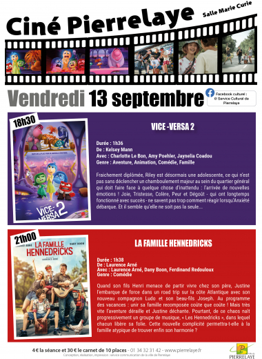 Ciné Pierrelaye du 13 septembre : vice-versa 2 - la famille Hennedricks