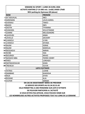 SEMAINE DU SPORT | Liste des inscrits